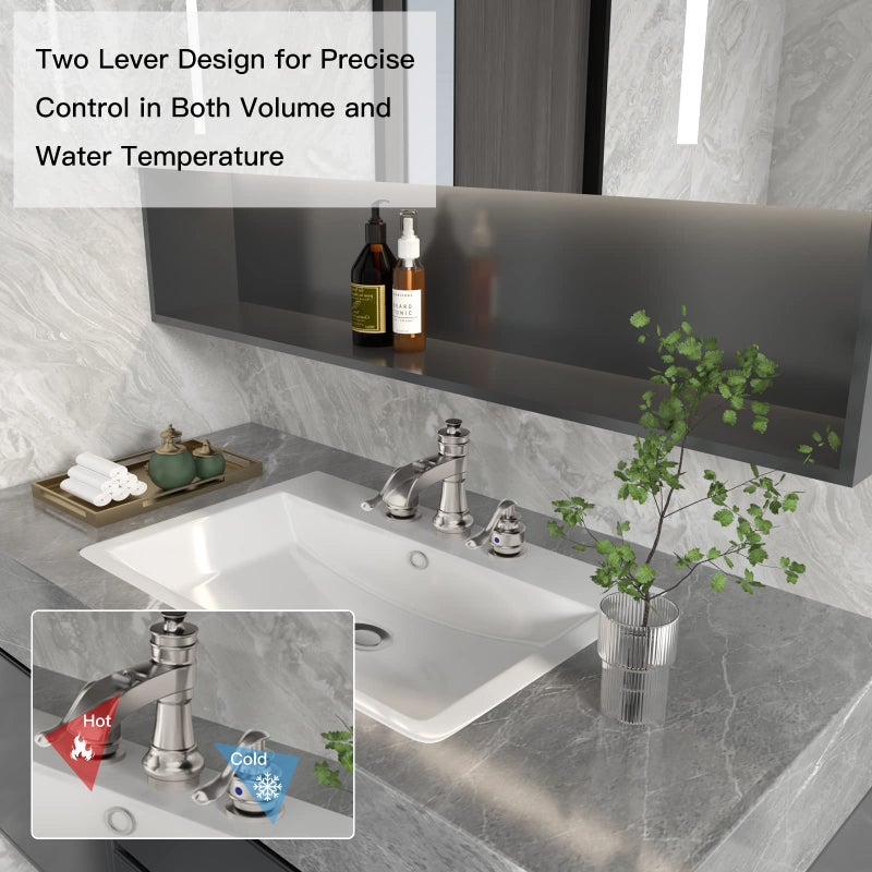 BWE 8 Inch Widespread Bathroom Faucet with Pop Up Drain with Overflow and Supply Line Waterfall 3 Holes Two-Handle Sink Faucets Brushed Nickel Lavatory Mixer Tap - Image 2